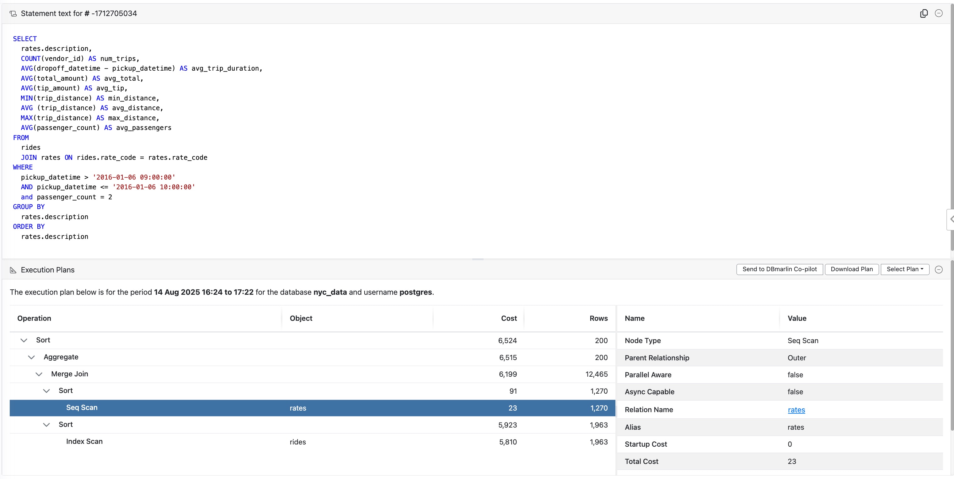 DBmarlin SQL text and Execution Plan