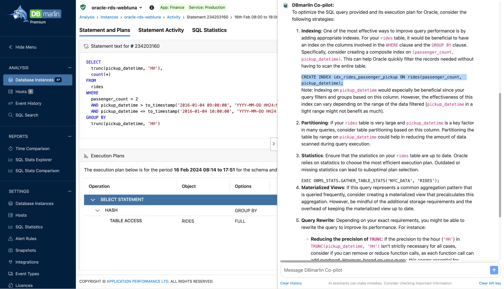 Example showing an index recommendation for Oracle RDS to avoid a FULL TABLE SCAN