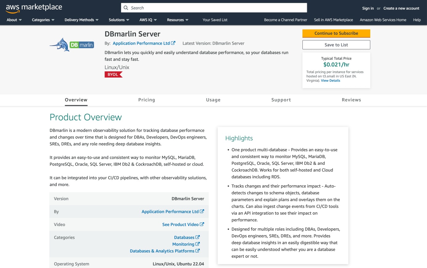 AWS Marketplace DBmarlin