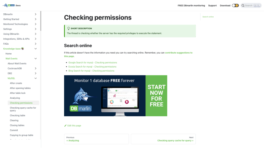DBmarlin Knowledge-base MySQL Checking Permissions