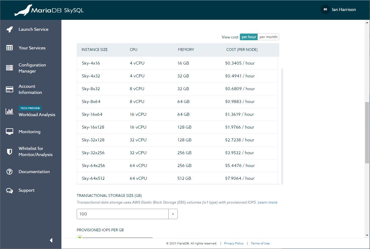 Choose SkySQL instance size