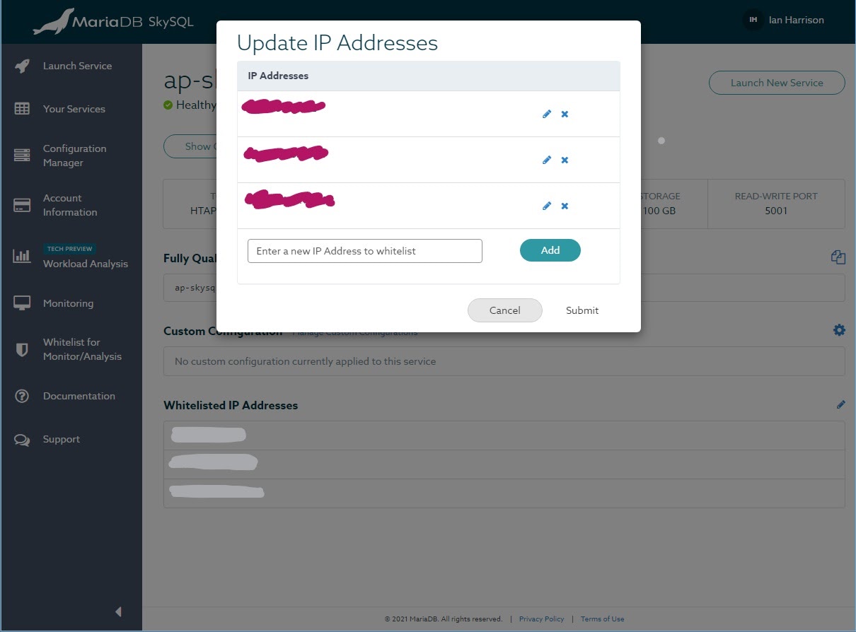 SkySQL whitelist IP address