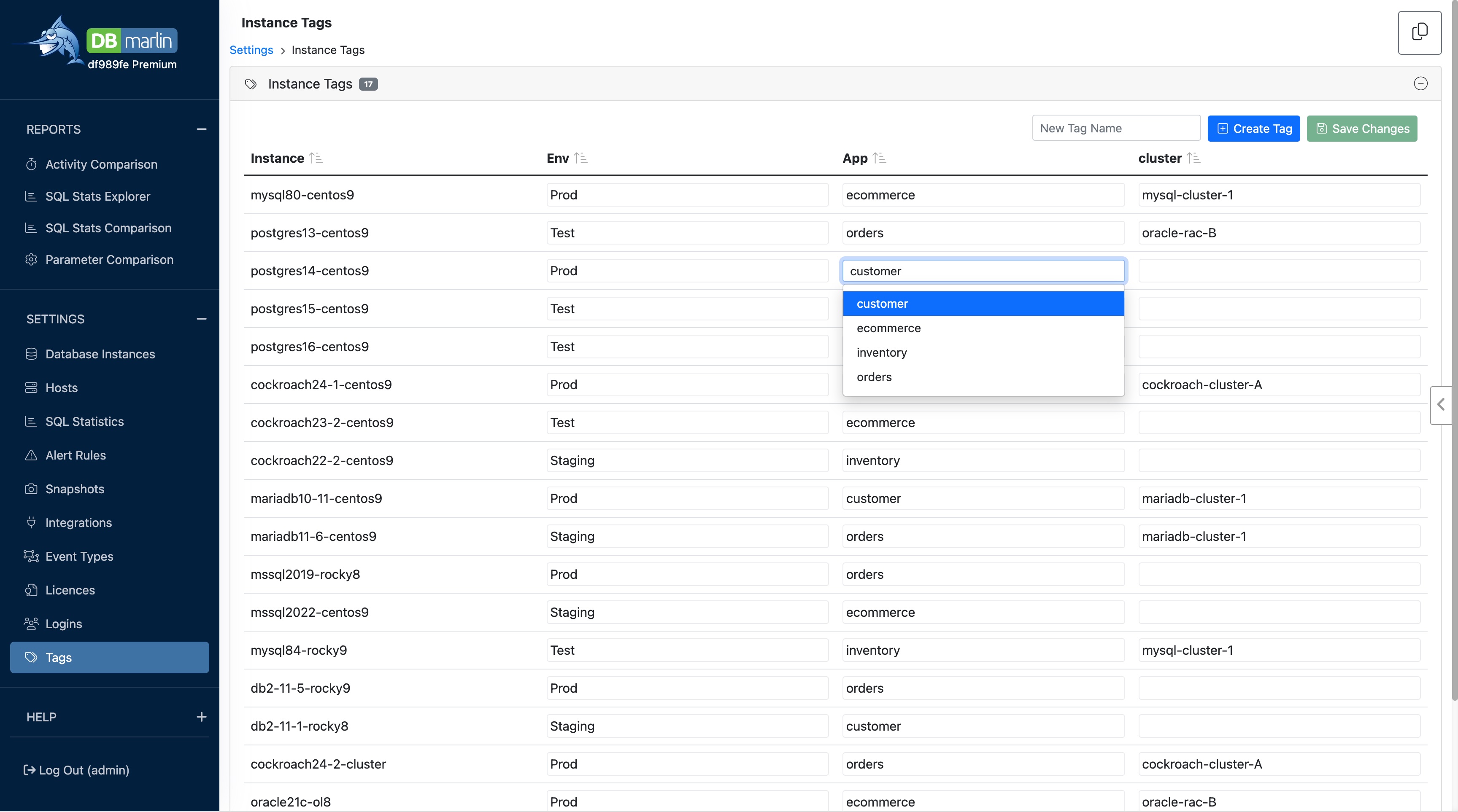 DBmarlin Tag Settings screen