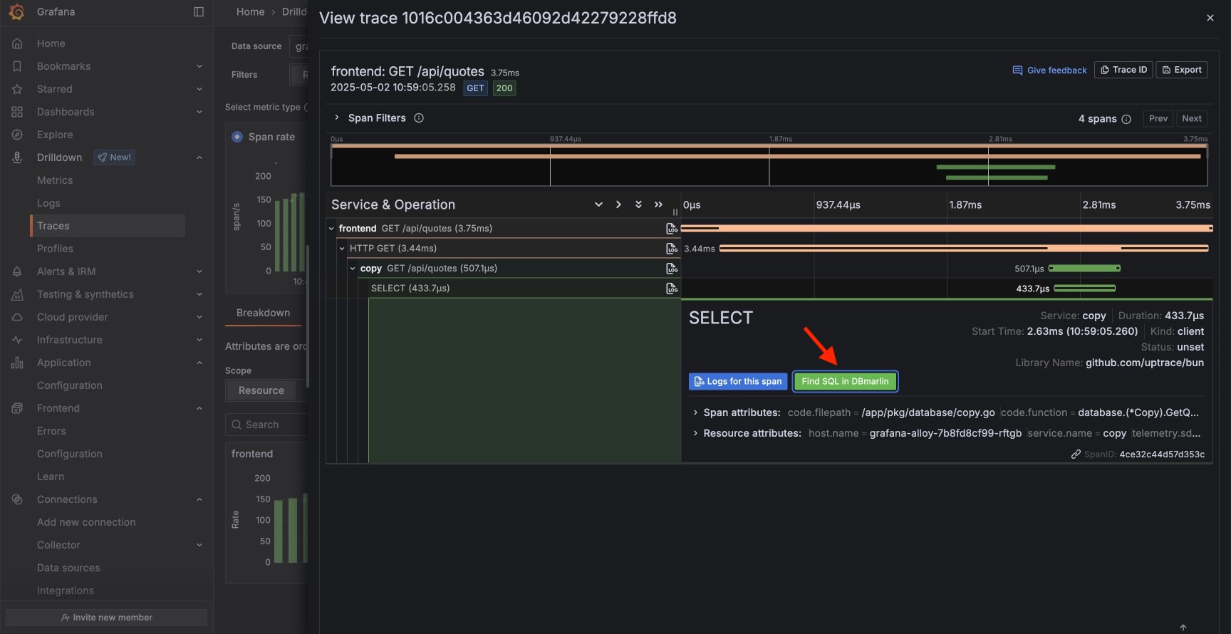 Grafana SQL trace click-through