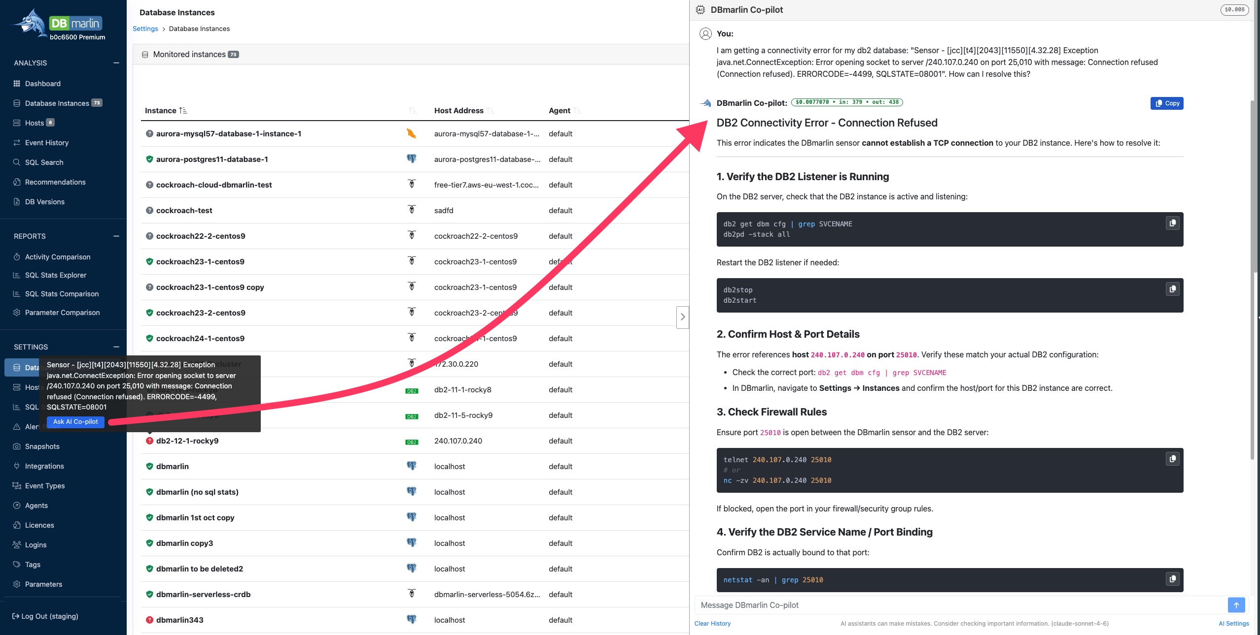 DBmarlin Copilot troubleshoots connectivity issues