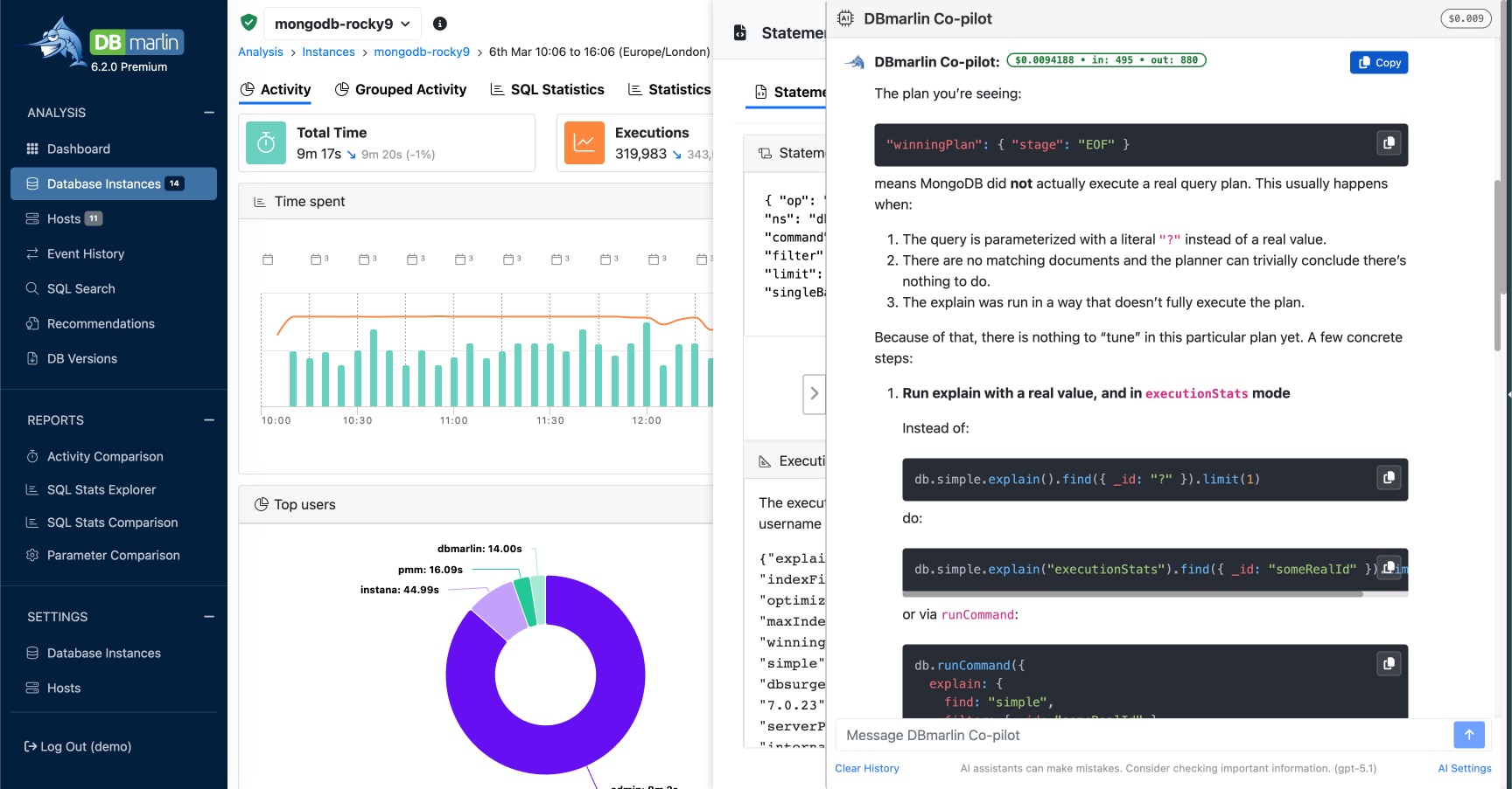 DBmarlin for MongoDB showing Co-pilot AI