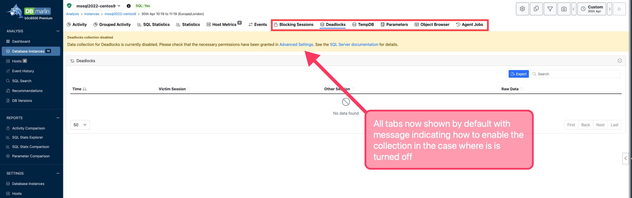 DBmarlin show all tabs
