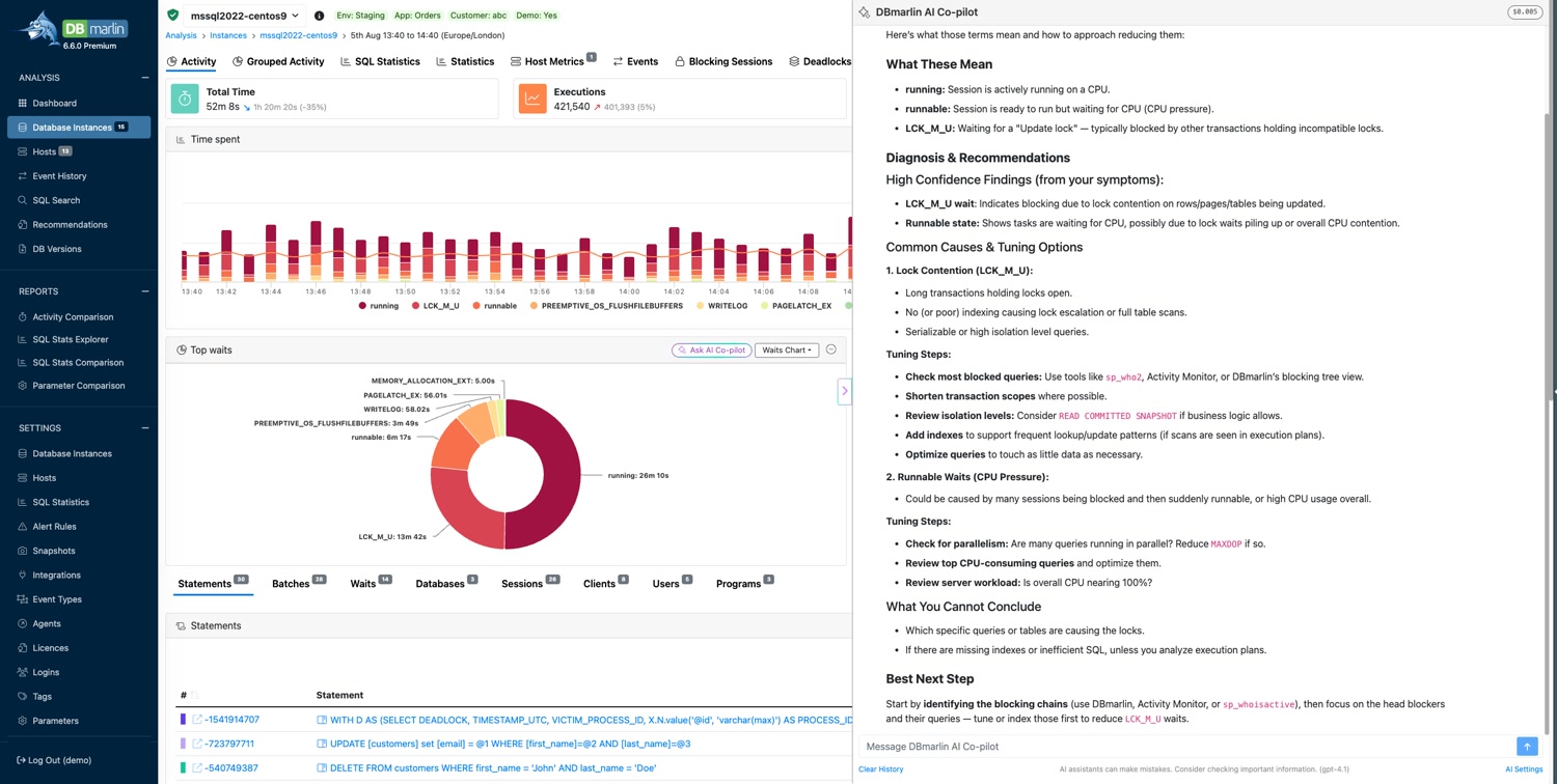 DBmarlin activity view with AI Co-pilot recommendations
